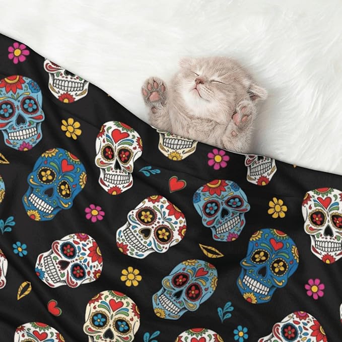 Double Sided Pet Mat for Dog Bed Topper Cat Blanket Furniture Protector, Day of The Dead Sugar Skull, Reversible Plush with Tactile Dot Pattern for Style Change