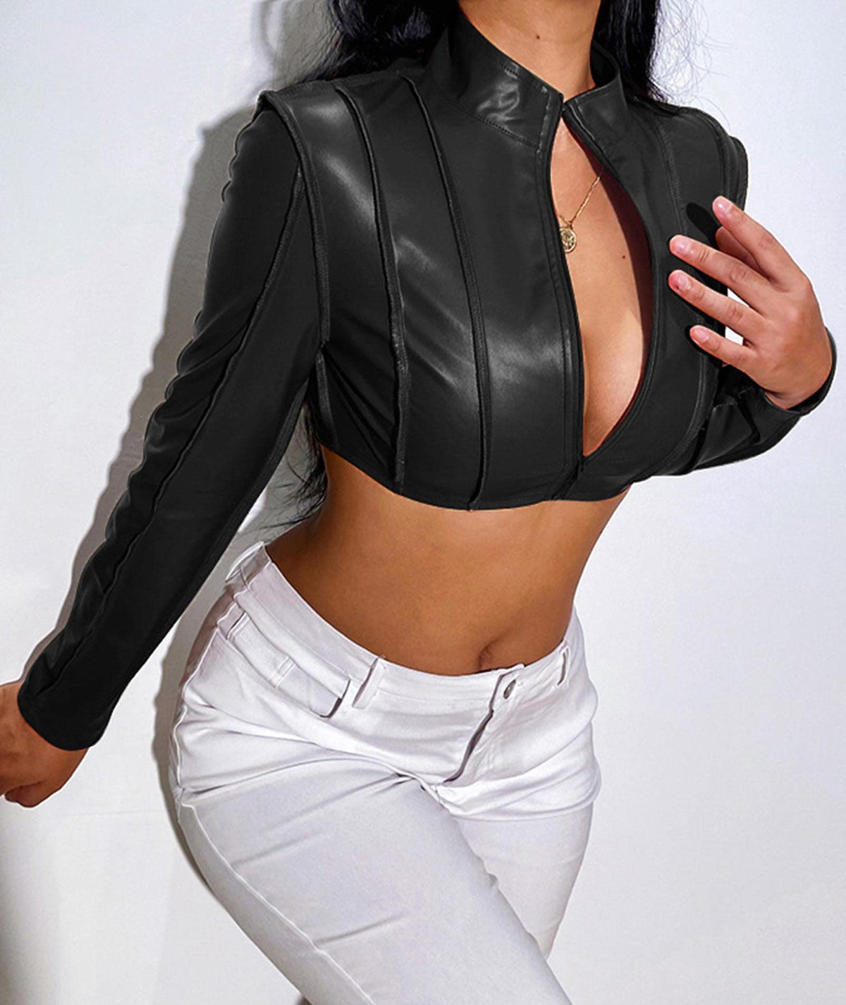 SEMATOMALA Women's PU Faxu Leather Mock Neck Cropped Jacket Long Sleeve Zip Up Bolero Coat Y2K Shirt Crop Tops(BL,M)