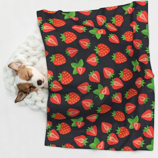 Reversible Dog Blanket for Beds Couches, Cute Red Strawberry Pattern Black, Double Sided Cat Blanket with Textured Dot Feel and Smooth Feel for Seasonal Comfort All Year