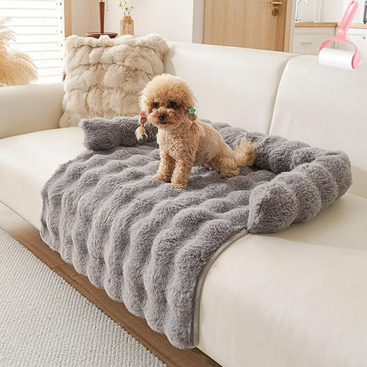Luxurious Cozy Dog Couch Bed, Plush Dog Mat for Furniture Protector and Car, Non Slip Washable Calming Winter Thickened Pet Bed with Pillows for Large Medium Small Dogs/Cats