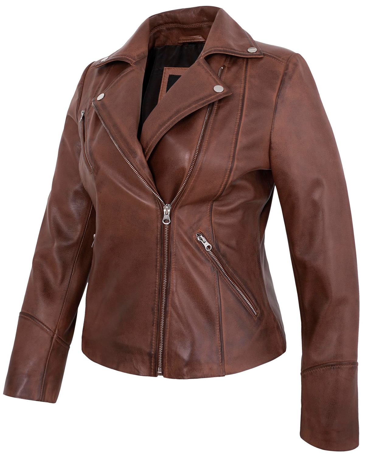 UrbanFocal Asymmetrical Style Brown Leather Jackets For Womens - Real Lambskin Leather Biker Jacket Women | [101013306] Cognac Ninfa, 2XL