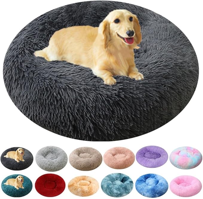 Large Calming Dog Bed, 40 Inch Anti-Anxiety Donut Dog Cuddler Cat Bed, Warming Cozy Soft Dogs Round Bed, Fluffy Faux Fur Machine Washable Pet Cushion for Medium Large Dogs & Cats (Dark Grey)
