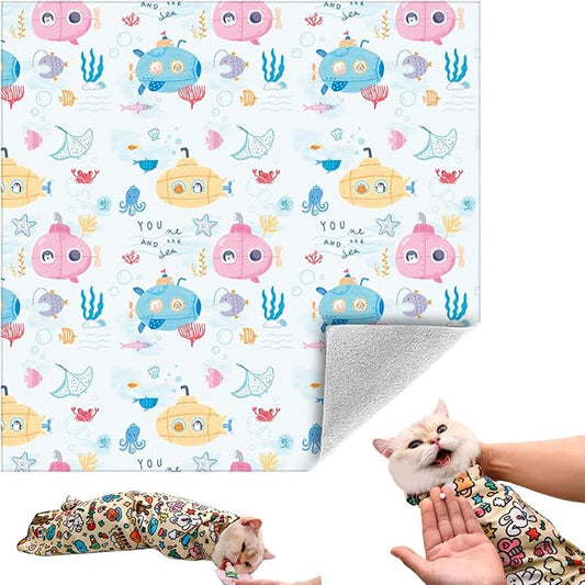 Cat Grooming Wrap, Self-Adherent Soft Cat Blanket to Wrap, Nail Clipping, Anti-Bite, Anti-Scratch, Anti-Escape Calming Wrap (Ocean, 3-6 lbs)
