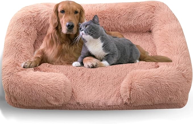 Dog Beds Medium Large Size Dog, Calming Dog Bed with Removable Washable Cover, Waterproof Lining and Nonskid Bottom(Leather Pink,XL)