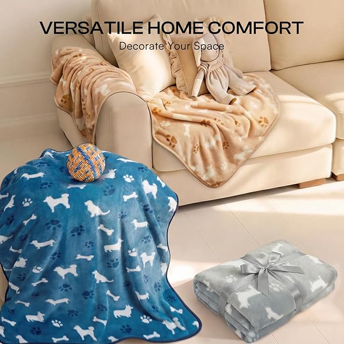 Luciphia 1 Pack 3 Blankets, Cute Dog Printed Fluffy Fleece Pet Blanket for Dogs Cats Washable, Warm Soft Throw Cover for Crate Couch, Gifts Puppy Essentials, Blue/Grey/Khaki, Small (23x16 inch)