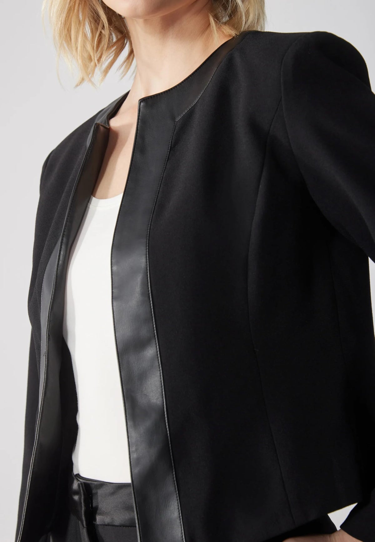 SS-Sunrise Fashion Women's Black Blazer Jacket with Faux Leather Trim, Long Sleeve, Collarless Design (X-Large, Black)