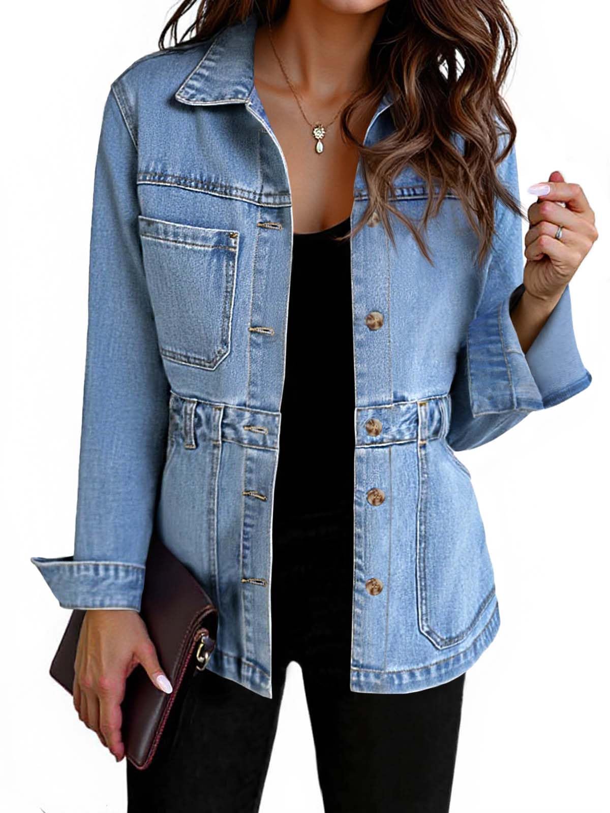 Tankaneo Denim Jacket for Women Distressed Jean Jacket Button Down Oversized Shacket with Pockets