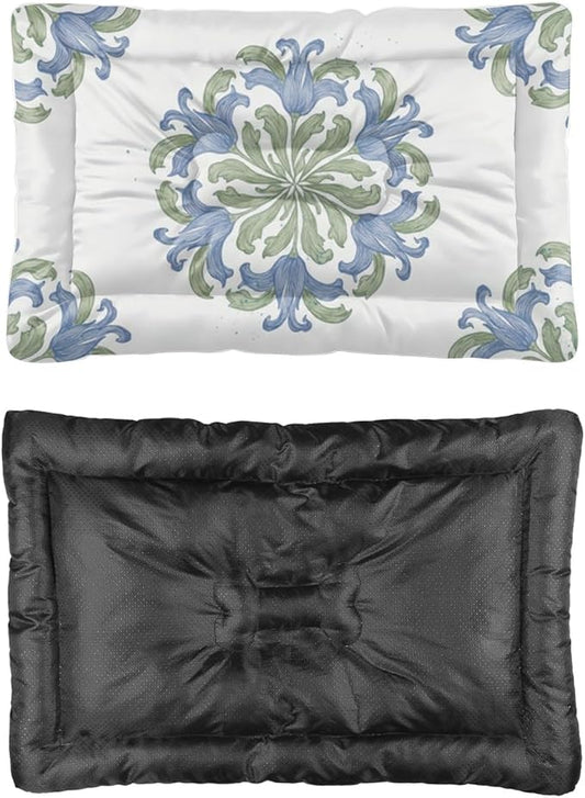 Vintage Blue Green Floral Dog Car Bed Crate Mats for Dog Cages Pet Crate Pad Accessories Washable Non-Slip Pet Bed for Easy to Wash Mat Needs Home Indoor Outdoor 24X18 Inch