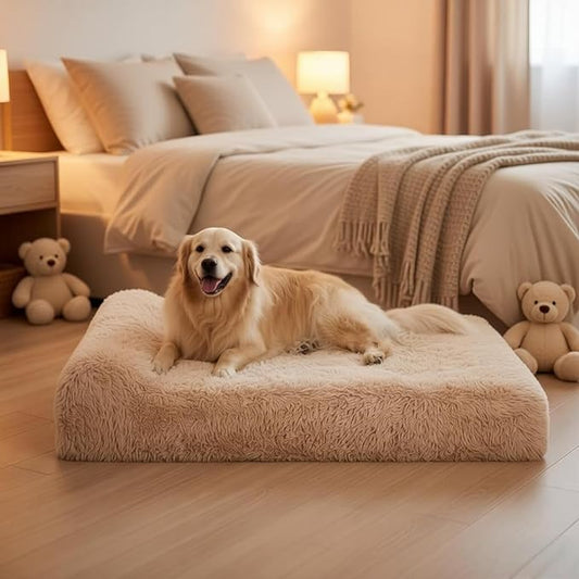 Jumbo Orthopedic Dog Bed for Large Dogs - 7-inch Thick Memory Foam Dog Bed with Pillow Removable Cover Machine Washable, Giant | 50 inch, Beige