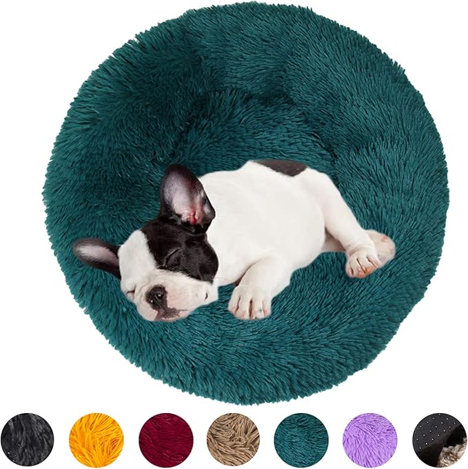 huraty Plush Calming Dog Bed, Faux Fur Donut Cuddler Bed for Cats, Anti-Skid & Anti-Anxiety, 20 Inch for Puppy and Kitties, Teal, S