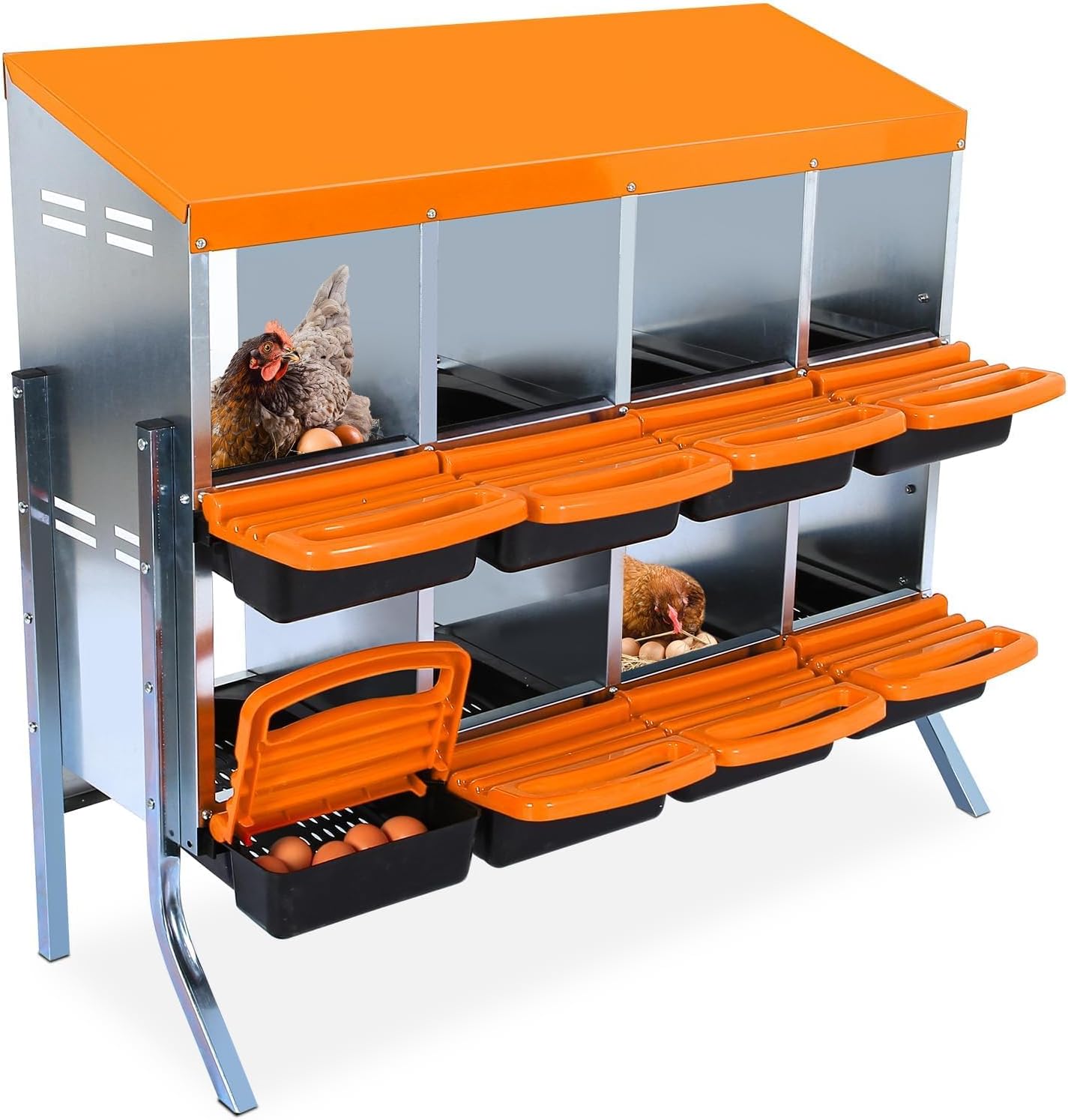 Chicken Nesting Boxes, 8 Hole Metal Chicken Laying Box with with Removable Trays and Roll Out Egg Collection for Chicken Coop, with Metal Bracket, Orange