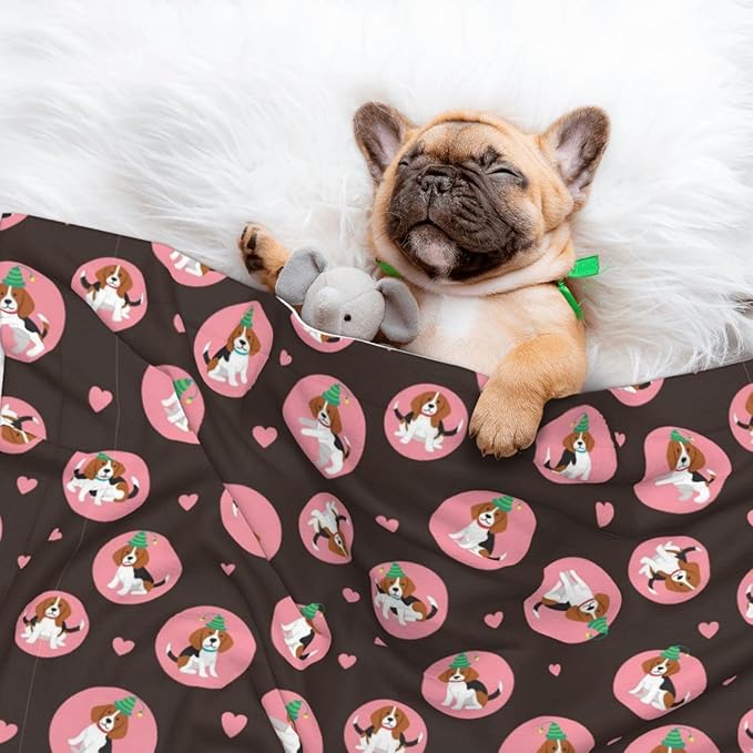 Pet Blanket for Indoor Outdoor Use, Cute Puppy with Hearts, Two Sided Reversible Plush Mat with Bumpy Dot Texture for Patios Crates Portable Bed Companion