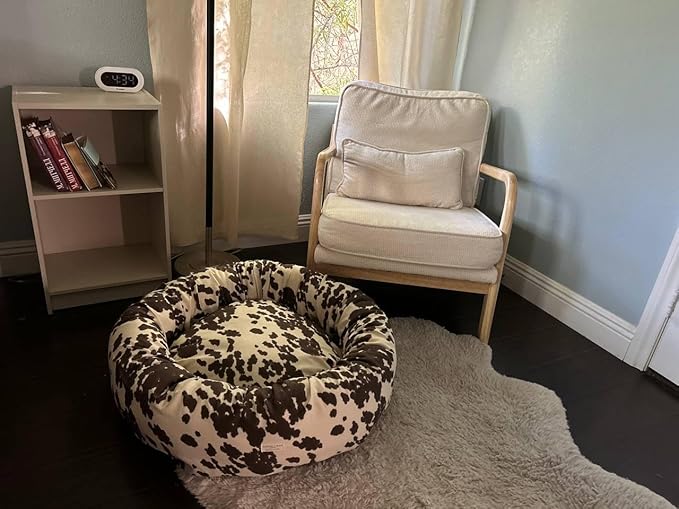 Organic Cotton Canvas Dog Bed: Removable Cover, Natural Fill - Made in USA (Cow Print Brown White, X Small 18" x 6" inches)