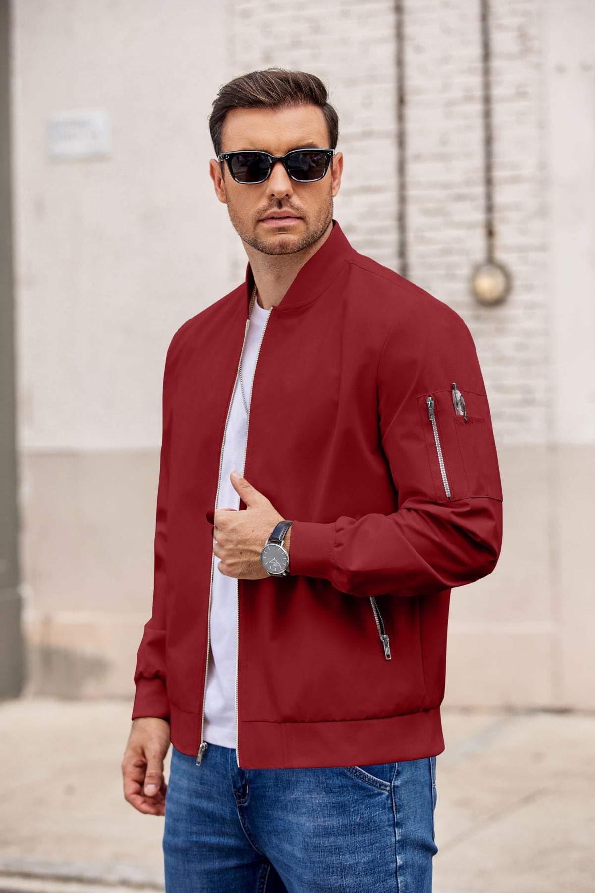 COOFANDY Bomber Jacket Lightweight Casual Windbreaker Red Spring Fall Zip Up Jackets Polyester Coat With Pocket L