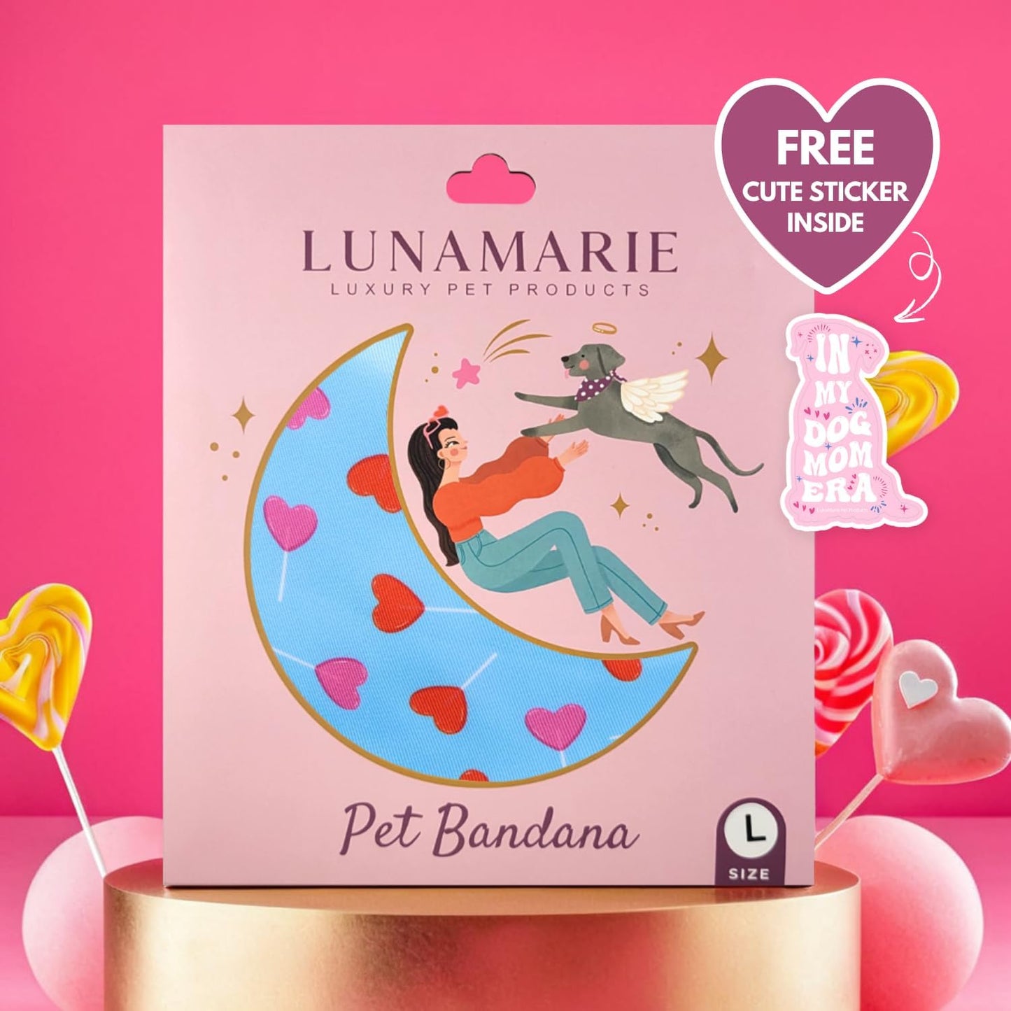 LunaMarie - Luxury Pet Birthday Bandanas -Premium & Silky Poly Fabric | 100% Handmade | Custom Shape Dual Layered (LoviePop, Medium)