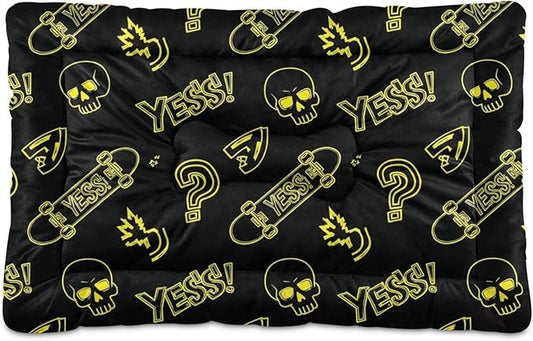 Emelivor Skateboard Skull Black Dog Cat Bed Washable Crate Pet Bed Anti-Slip Comfortable Breathable Crate Kennel Pad for Large Medium Small Dogs Cat,36x24in