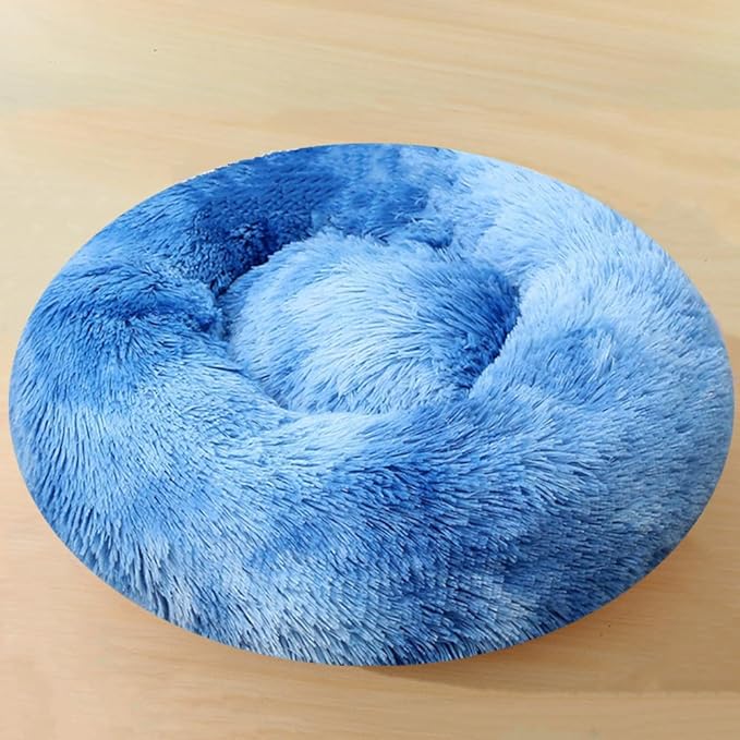 Calming Large Dog Bed & Cat Bed, 43 Inch Anti-Anxiety Donut Dog Cuddler Cat Bed, Warming Cozy Soft Dog Round Bed, Fluffy Faux Fur Machine Washable Pet Cushion for Medium Dogs & Cats (Blue White)