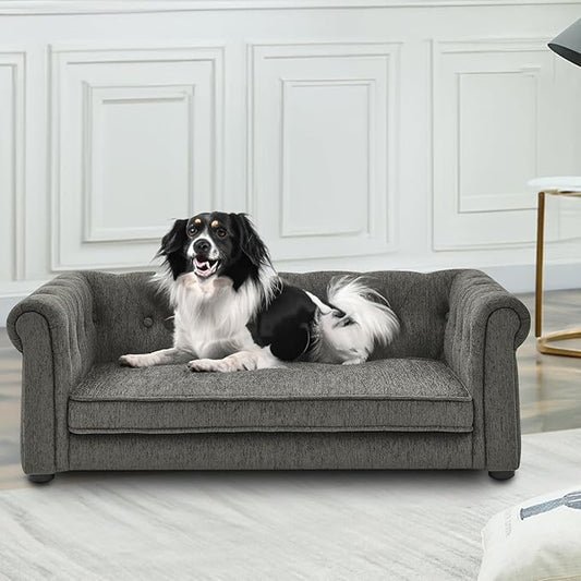 Elevated Rectangle Dog Sofa for Small & Medium Dogs - Comfortable Linen Fabric Dog Bed with Button Tufted Back, Durable Modern and Stylish Pet Bed for Living Room, Bedroom (Dark Grey)