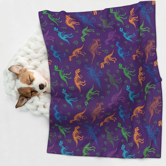 Reversible Plush Dot Pet Blanket for Dogs and Cats, Cool Dinosaur Purple, Ultra Soft Two Sided Design with Warm Fuzzy Side and Smooth Side for Comfort