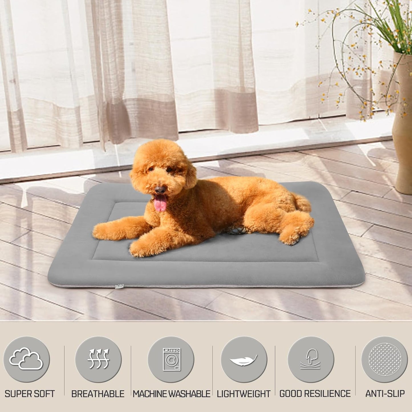 Magic Dog Soft Large Bed Crate Pad Mat, 42 Inches Machine Washable Pet Bed With Non-Slip Bottom, Gray