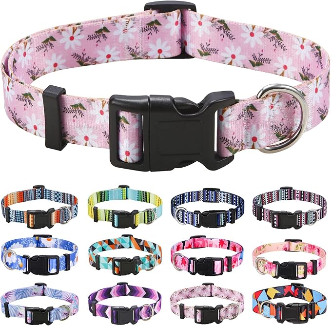 Dog Collar with Bohemia Floral Tribal Geometric Patterns - Soft Ethnic Style Collar Adjustable for Small Medium Large Dogs (Pink White Flower,S)