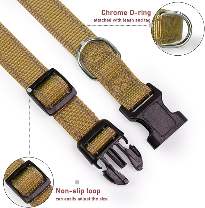 Reflective Dog Collar with Buckle Adjustable Safety Nylon Collars for Small Medium Large Dogs, Brown L