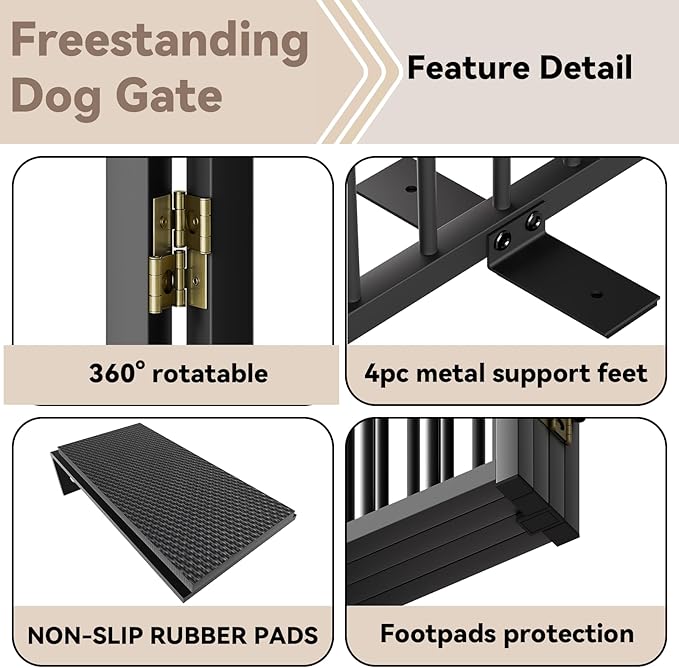 Full Metal Freestanding Dog Gate with Door, 32''Height Foldable Pet Dog Fence for Indoor & Outdoor, 6 Panels Extra Wide Free Standing TallDog Gates for Doorways,House,Stairs,Porch,Deck,Yard