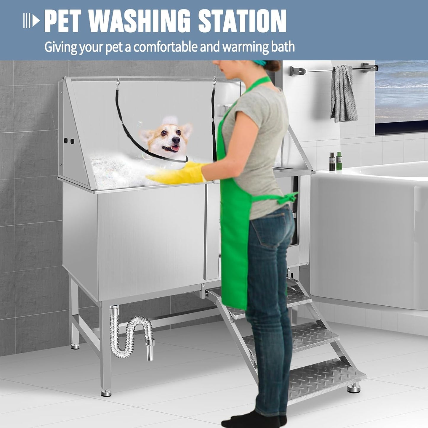 50" Pet Dog Bathing Station W/Stairs, Professional Stainless Steel Dog Grooming Tub W/Soap Box, Faucet,Rich Accessory, Dog Bathtub for Large,Medium,Small Pets, Washing Sink for Home (50" Right ramp)
