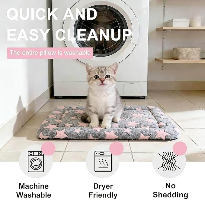 Dog Bed Mat - Reversible Dog Crate Bed Mats, Soft & Breathable Kennel Pad, Durable Crate Bed for Small Dogs & Cats (Pink&Gray Stars, S(24"*16"*1.2"))
