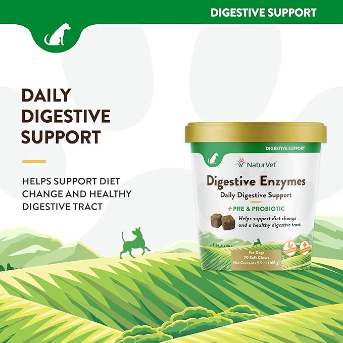 NaturVet – Digestive Enzymes - Plus Probiotics & Prebiotics – Helps Support Diet Change & A Healthy Digestive Tract – for Dogs (Soft Chews, 70 Count)