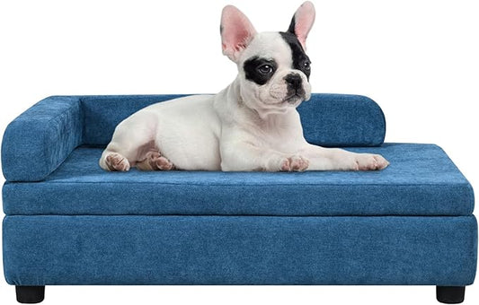 AFBKSS&BB Pet Sofa with Hidden Storage for Puppy and Cat,Linen Fabric Dog Sofa,Cat Couch with Wooden Frame (Blue)