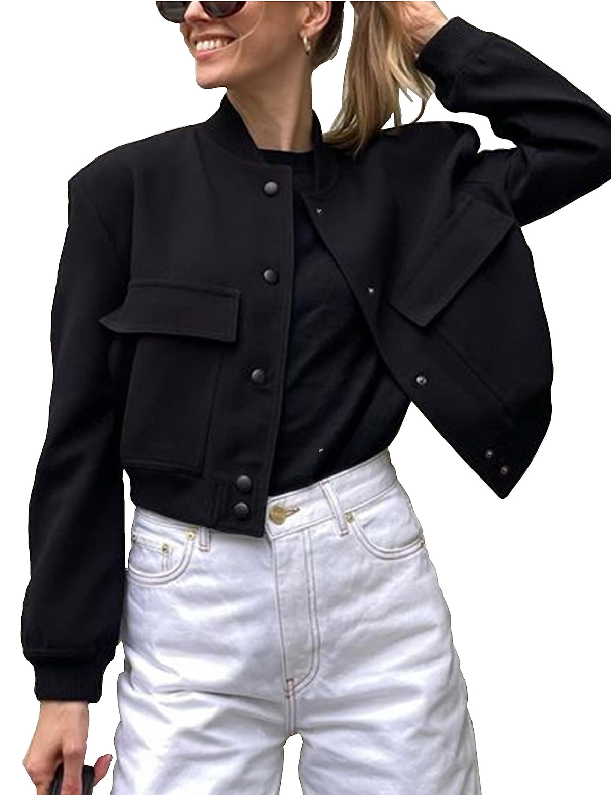 Megfie Womens Cropped Bomber Jacket Button Down Varsity Jackets Shackets with Pockets(0394-Black-M)