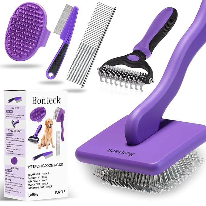 Dog Slicker Brush for Dogs Grooming Kit 4PCS | Large Dog Brush for Goldendoodles Poodles Doodles | Long Pin Haired Brush | Poodle Brushes and Comb (Purple)