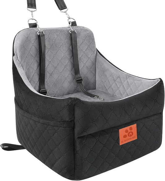 Dog Car Seat for Small/Medium Dogs, Dog Booster Car Seats with Thick Cushion for Dogs Under 35lbs, Detachable Washable Pet Car Seat with Storage Pockets, 2 Safety Belts(Black/Grey)