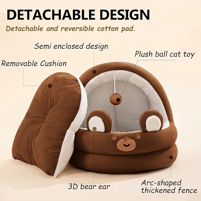 Cat Bed for Indoor Cats, Dog Bed with Anti-Slip Bottom, Rabbit-Shaped Cat/Small Dog Cave with Hanging Toy, Puppy Beds with Removable Cotton Pad, Super Soft Calming Pet Sofa Bed (Brown, Small)