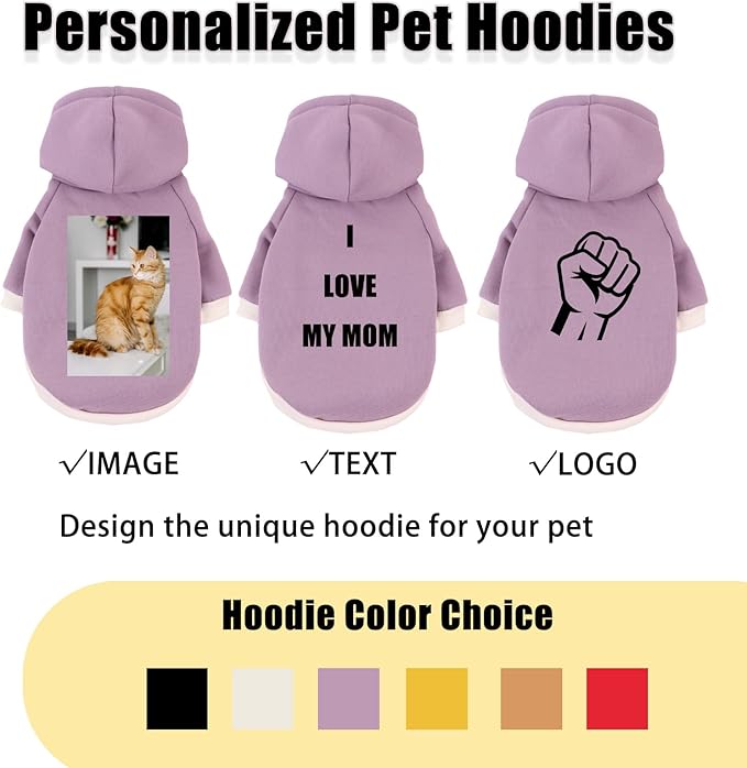Custom Dog Hoodie, Personalized Sweatshirt with Photo Text Name Logo, Customized Hooded Sweater for Small Medium Large Dogs & Cats (Purple, X-Small)