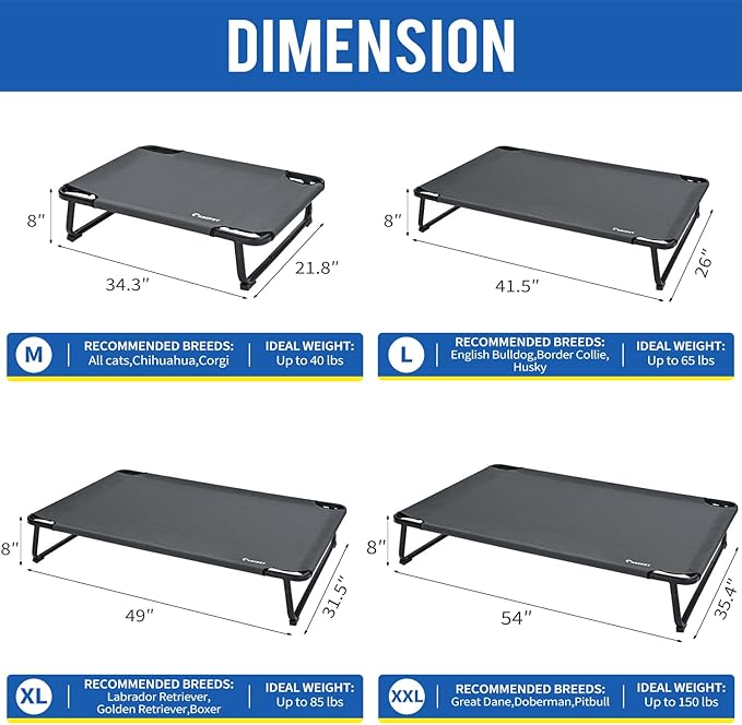 Elevated Dog Bed, Outdoor Dog Bed Large Raised Cooling Pet Beds Cots Waterproof Stable and Easy Assembly, Teslin Fabric with 1.2mm Thick Iron Frame, Breathable, Ultra-Sturdy，Grey, 42”*28“*8”