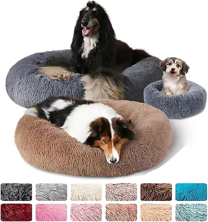Calming Dog Bed for Small Dogs, Calming Donut Cuddler Pet Bed Anti Anxiety Round Dog Bed Fluffy Plush Faux Fur Cat Bed,Gradient Yellow,23.6IN