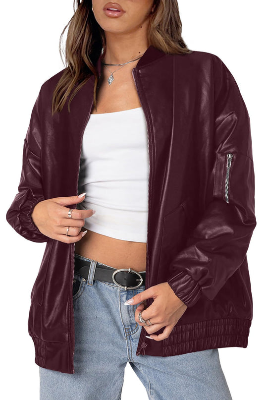 XIEERDUO Leather Jacket Women Faux Oversized Motorcycle Bomber Coats 2025 Fall Fashion Outfits Winter Clothes Burgundy M