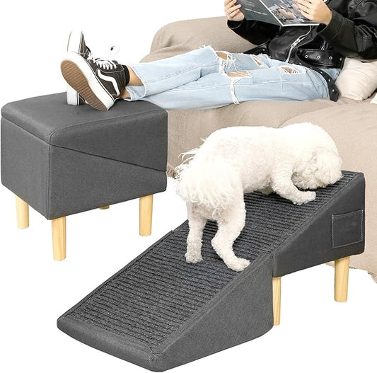 Dog Ramp for Dogs and Cats, 16" W 2-in-1 Split Ottoman Dog steeps for Bed,Solid Wood, Gentle 23 Incline, Foldable Pet Stairs for Large and Small Dogs (Dark Gray)