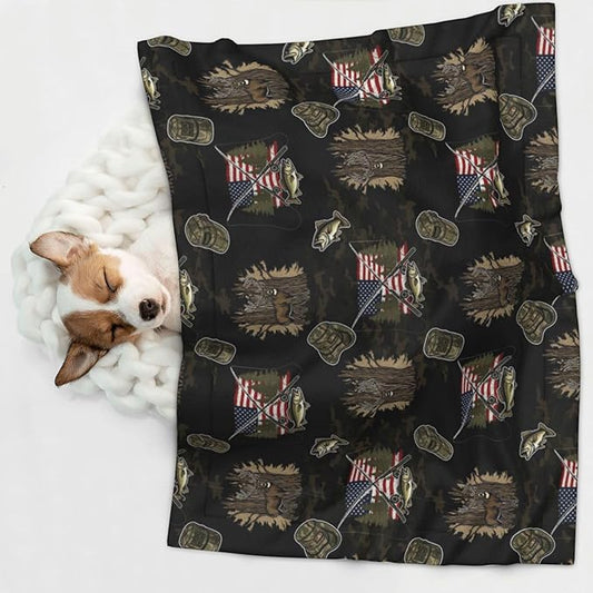 Dog Cat Blanket Double Sided, Hunting Deer Bass Fishing Lure Camo Camouflage American Flag Black, Plush with Raised Dot Pattern and Smooth Reverse for Cuddling