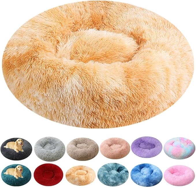 Large Calming Dog Bed, 40 Inch Anti-Anxiety Donut Dog Cuddler Cat Bed, Warming Cozy Soft Dogs Round Bed, Fluffy Faux Fur Machine Washable Pet Cushion for Medium Large Dogs & Cats (Yellow White)