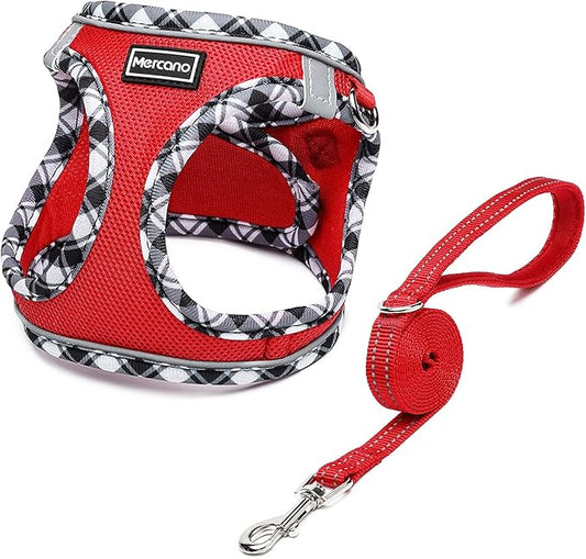 Mercano Soft Mesh Dog Harness and Leash Set, No-Chock Step-in Reflective Breathable Lightweight Easy Walk Vest Harnesses with Safety Buckle for Small Dogs, Cats (Red, L)