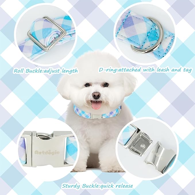 Cotton Collar for Dog，Soft Adjustable Dog Collars for Small Dogs, Cute Dog Collar with Blue & White Plaid for Small Medium Large Dogs, Perfect for Girl or Boy Dog Collars-S