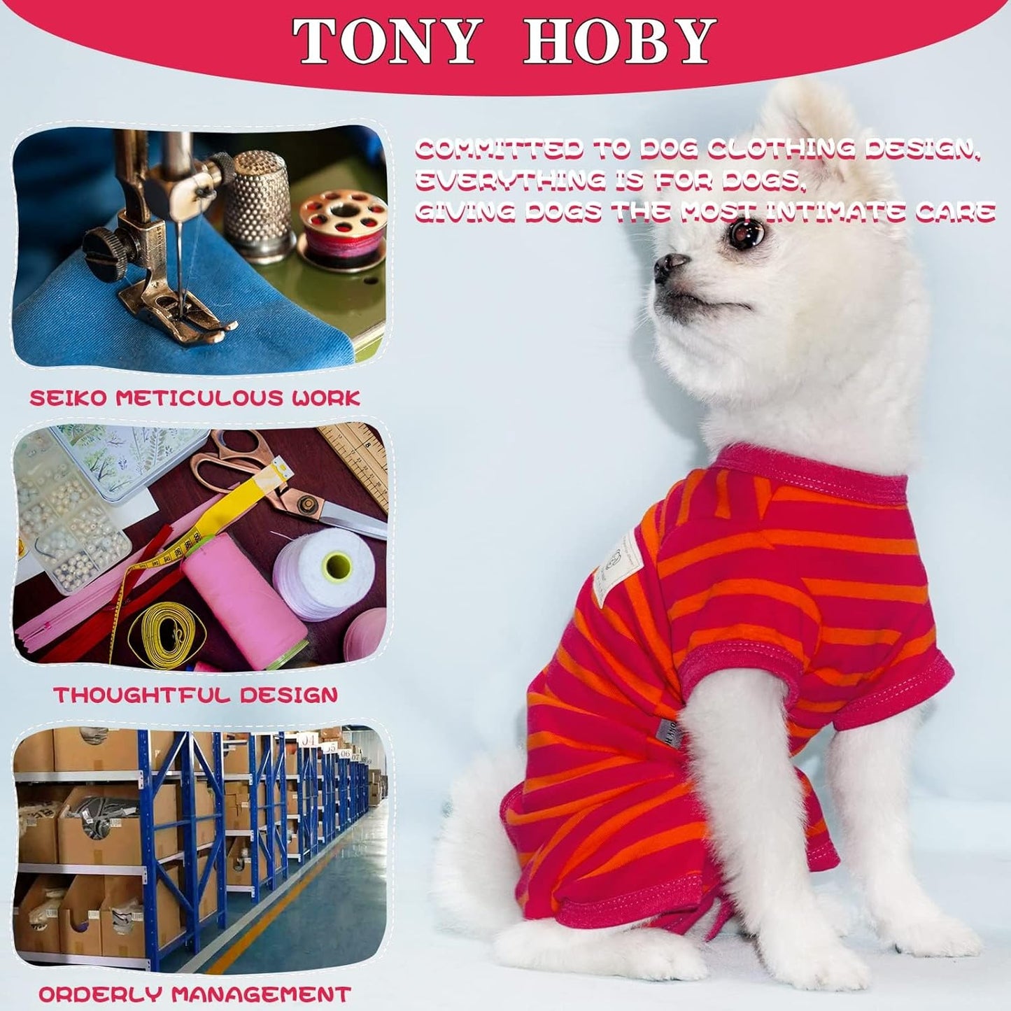 TONY HOBY Female/Male Dog Pajamas, Dog Jumpsuit 4 Legged Pajamas with Stripes, Soft Cotton for Comfortable Sleep (Rose Red&Orange, Boy, L)