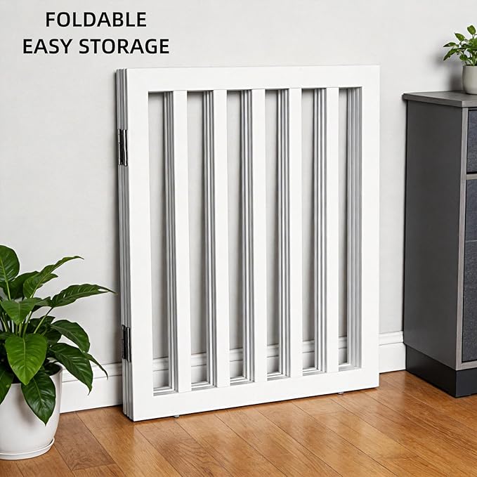 ZJSF Freestanding Indoor Dog Gate for House Foldable Wood White Puppy Gate for Doorways Pet Gate for Stairs Extra Wide Pet Fence 24" Height 6 Panels