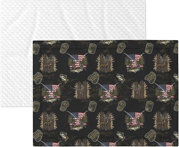 Dog Cat Blanket Double Sided, Hunting Deer Bass Fishing Lure Camo Camouflage American Flag Black, Plush with Raised Dot Pattern and Smooth Reverse for Cuddling