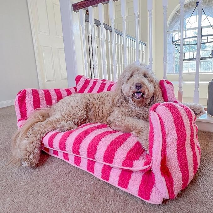 Lazy Holiday Plush Cozy Dog & Cat Sofa Bed, Teddy Velvet Dog Bed, Trendy Striped Faux Lambswool Double Layer Dog & Cat Sofa Bed Dogs Sleeping Mat for Medium Small Dogs & Cats (Beige,M)