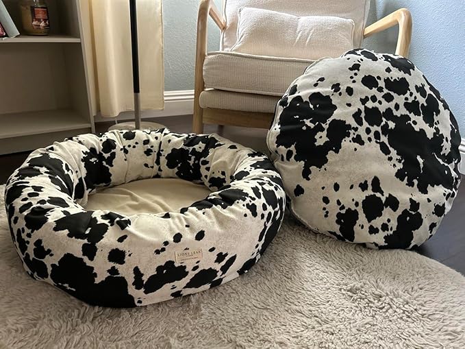 Organic Cotton Canvas Dog Bed: Removable Cover, Natural Fill - Made in USA (Cow Print Black White, Medium 28" x 8" inches)