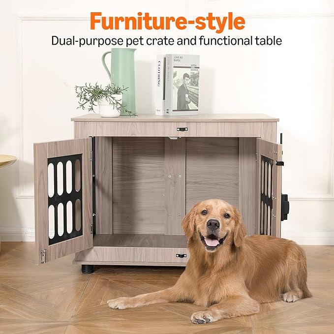 Amazon Basics Heavy Duty Dog Crate Furniture for Small Dogs, Wooden Decorative Dog Kennel Cage Indoor with Safety Lock, 32.5" L x 25.6" W x 21.9" H
